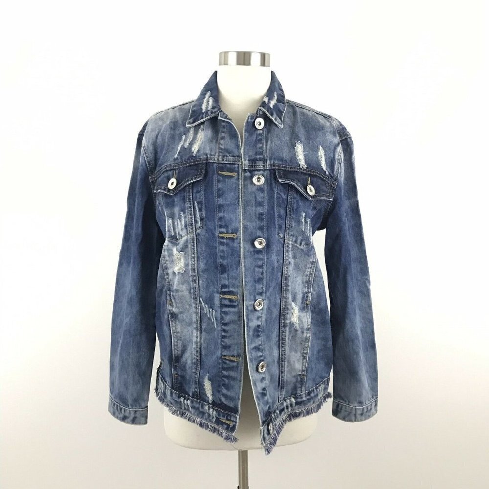 JAASE Womens S Embellished Denim Jacket Oversized NWT Back Design Distressed - Picture 2 of 8